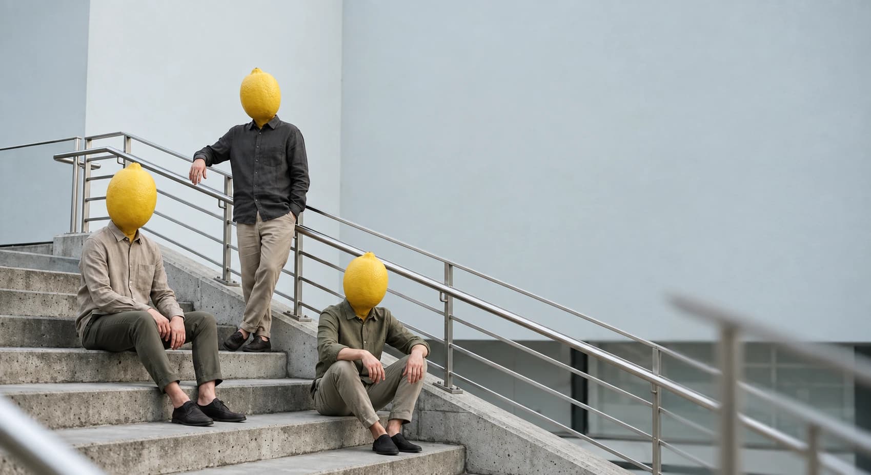The Lemon Three team, three people with lemons for heads, on a concrete staircase